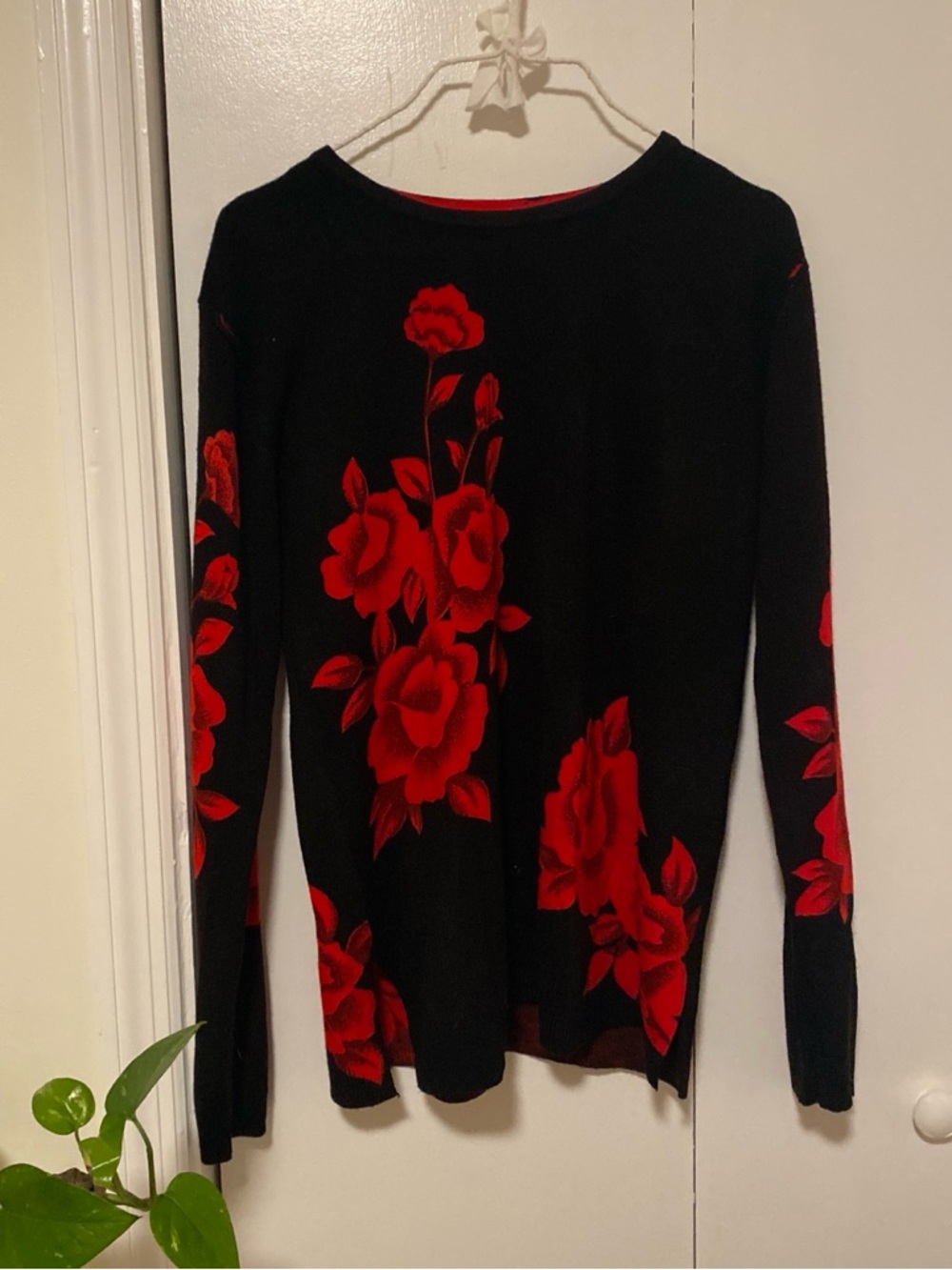 Black Sweater with Red Rose Print